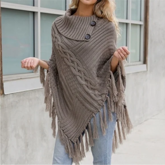 NIP Cozy Mocha Button Detail Tassel Thick Knit Fringe Textured Poncho Sweater OS - Picture 3 of 5